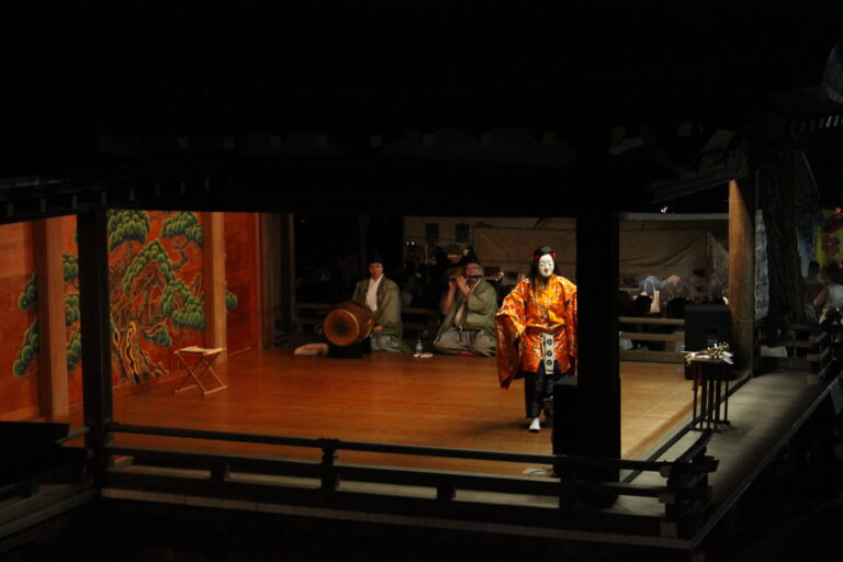 A photo of Kagura, Japanese traditional musical dedicated to the local deities.